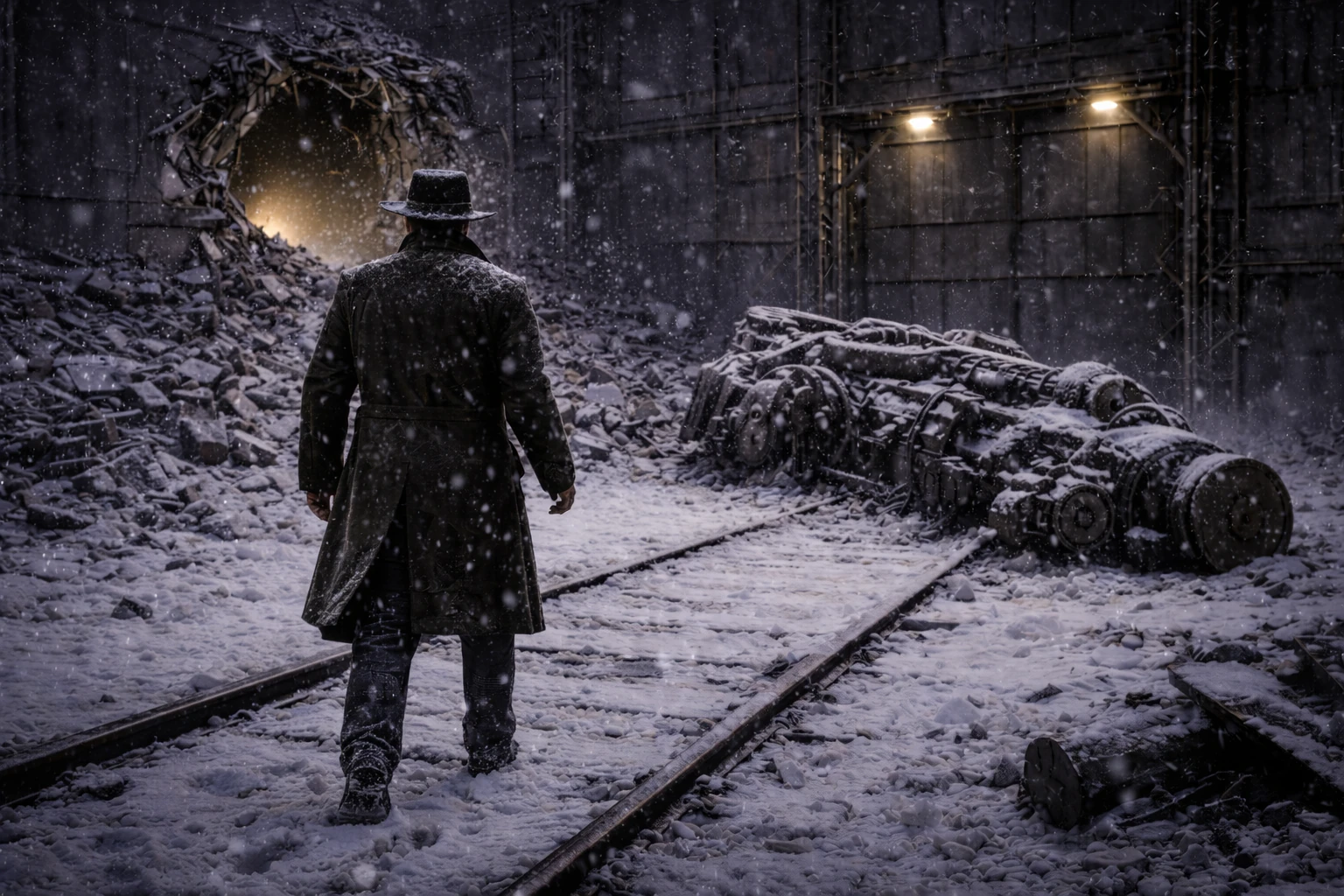 Обслуживающий путь приводит к работающей фабрике и пролому в стене после аварии