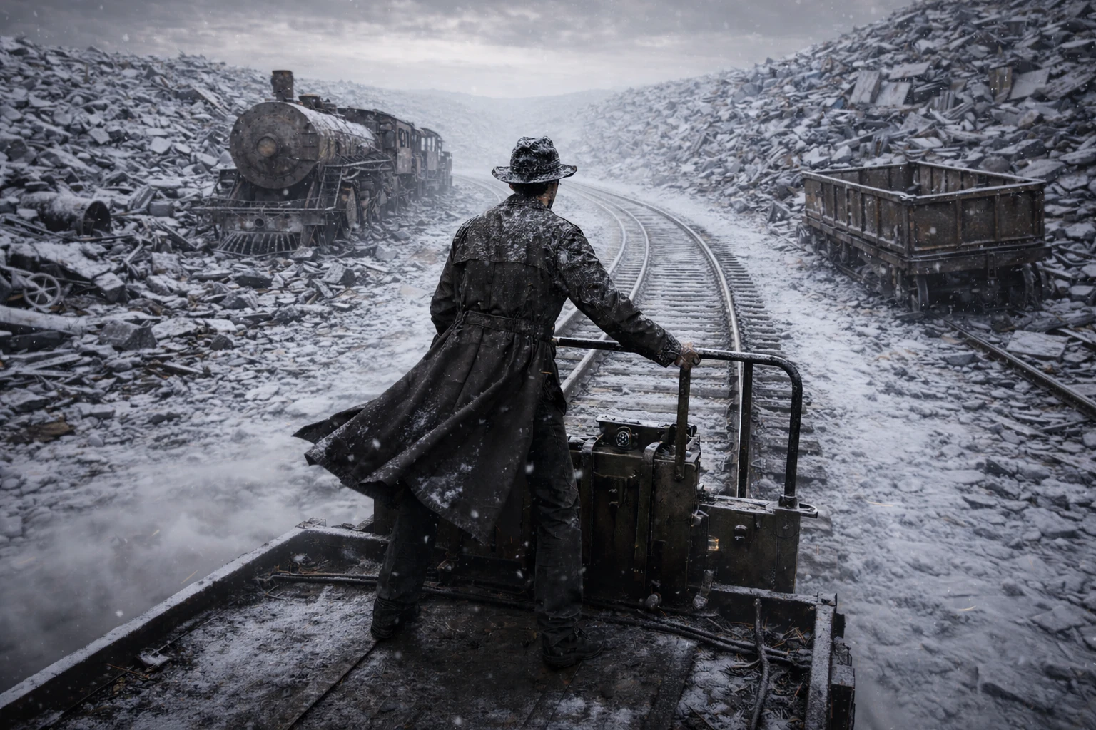 Путь продолжается Рельсы уходят дальше через металлический каньон из старых механизмов