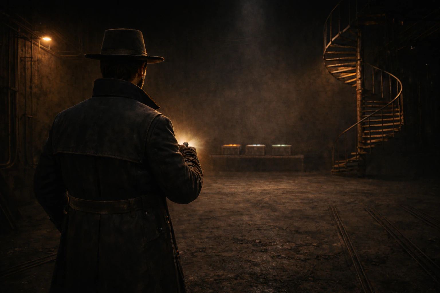 Зал с контейнерами и лестницей В тёмном зале видны три контейнера на постаменте и винтовая лестница вверх