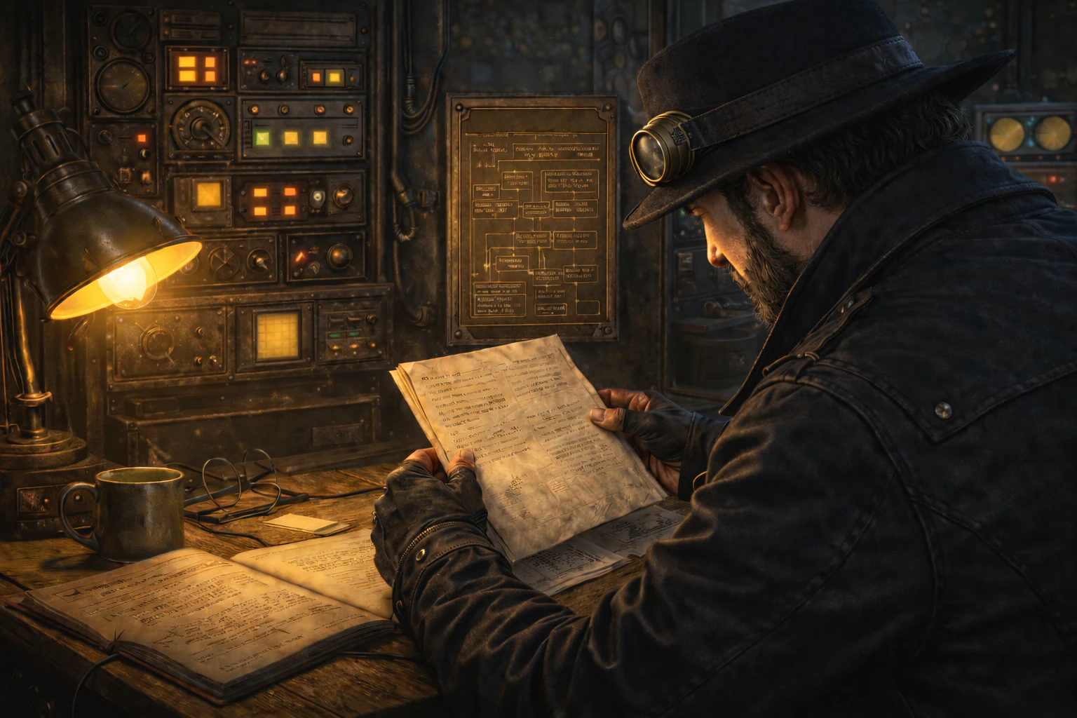 Данди в комнате управления: панели приборов и рабочий стол с документами